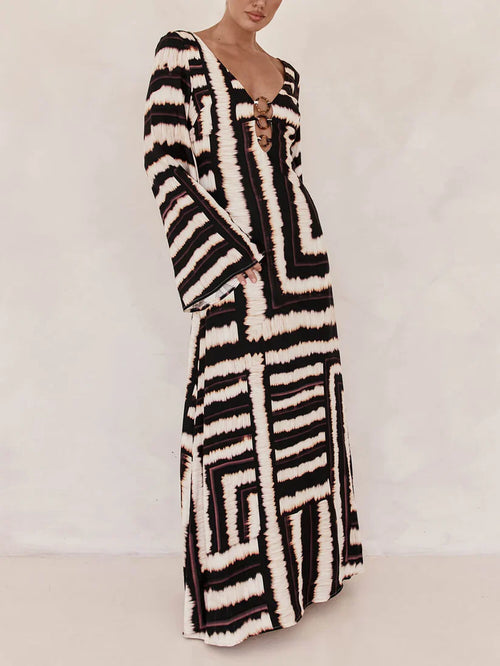 Flattering V-Neckline Unique Printed V Tie Ring Maxi Dress