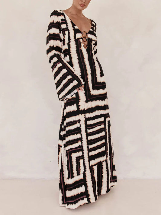 Flattering V-Neckline Unique Printed V Tie Ring Maxi Dress