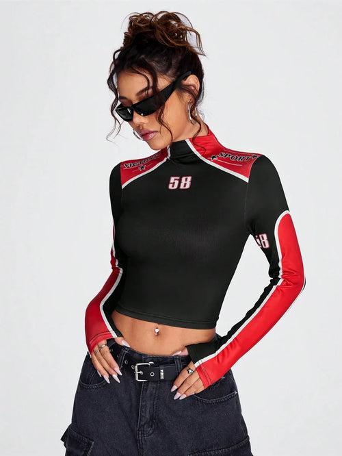 Motorcycle Graphic Mock Neck Crop Tee