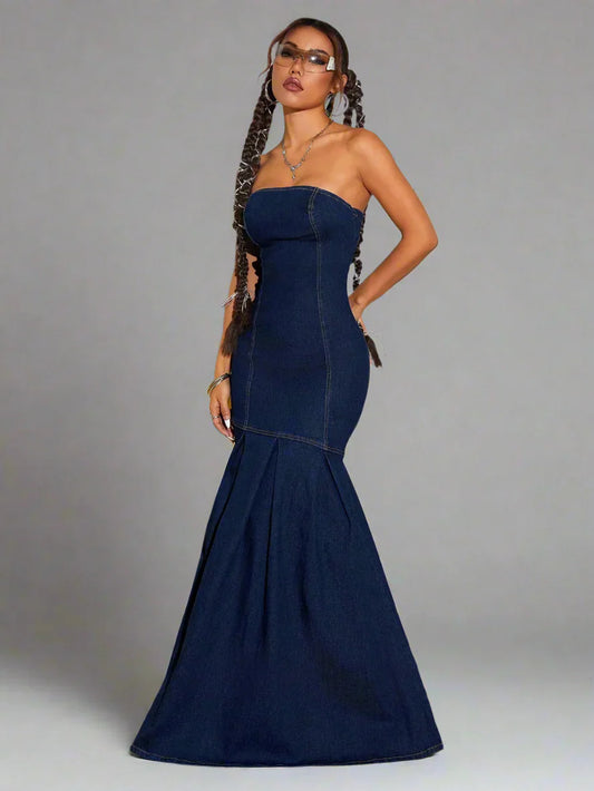 Denim Maxi Strapless Flare Hem Dress