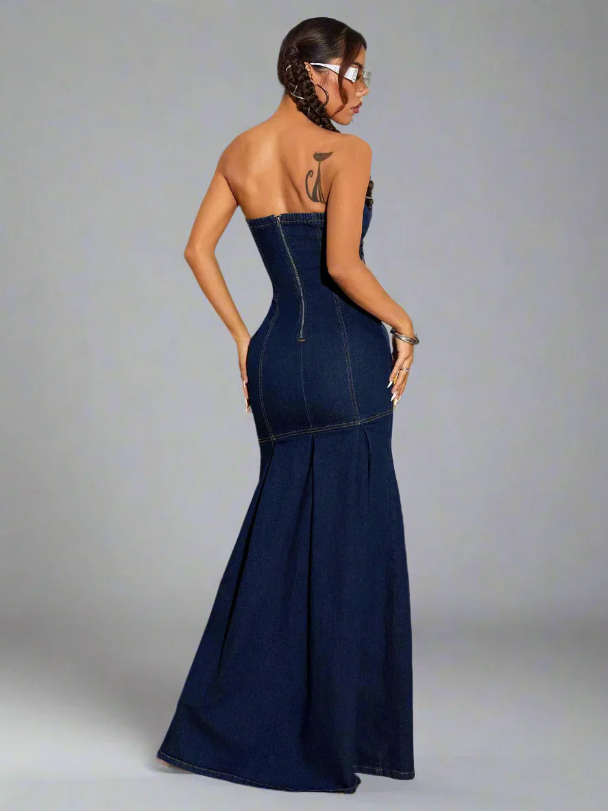 Denim Maxi Strapless Flare Hem Dress