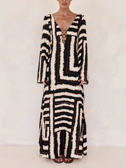 Flattering V-Neckline Unique Printed V Tie Ring Maxi Dress