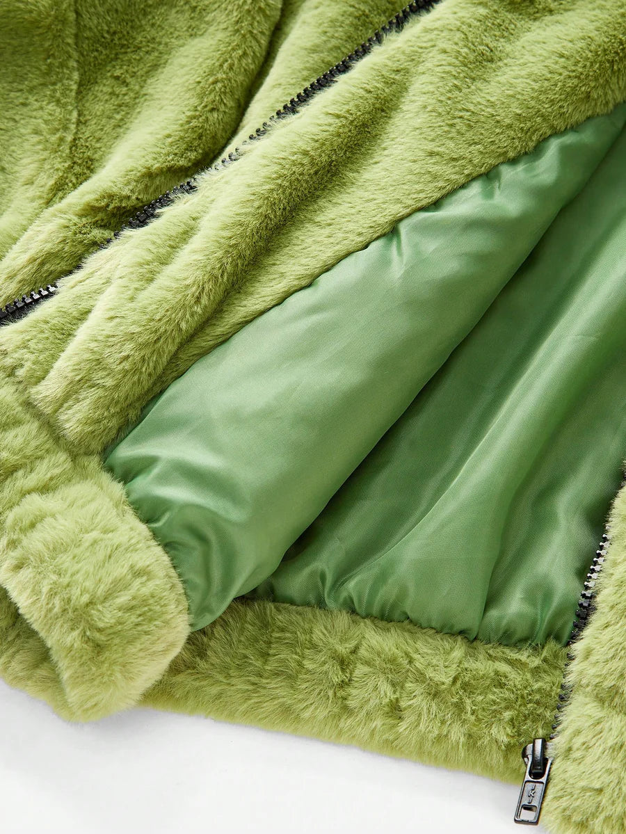 Green Italian Letter Embroidered Faux Fur Jacket