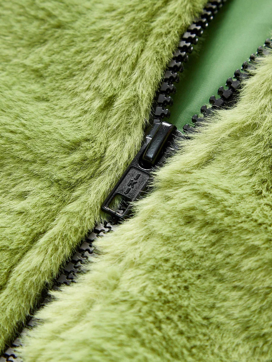 Green Italian Letter Embroidered Faux Fur Jacket