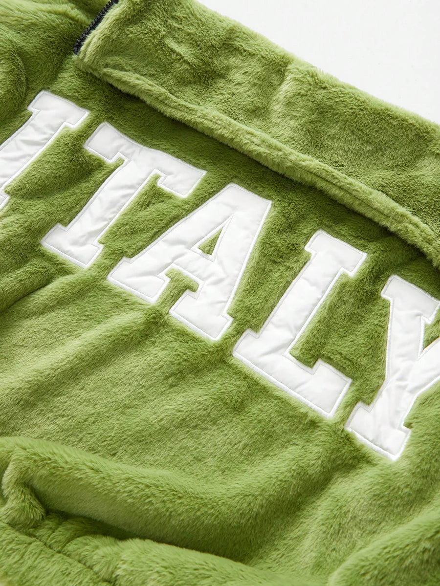 Green Italian Letter Embroidered Faux Fur Jacket