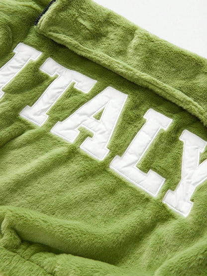Green Italian Letter Embroidered Faux Fur Jacket