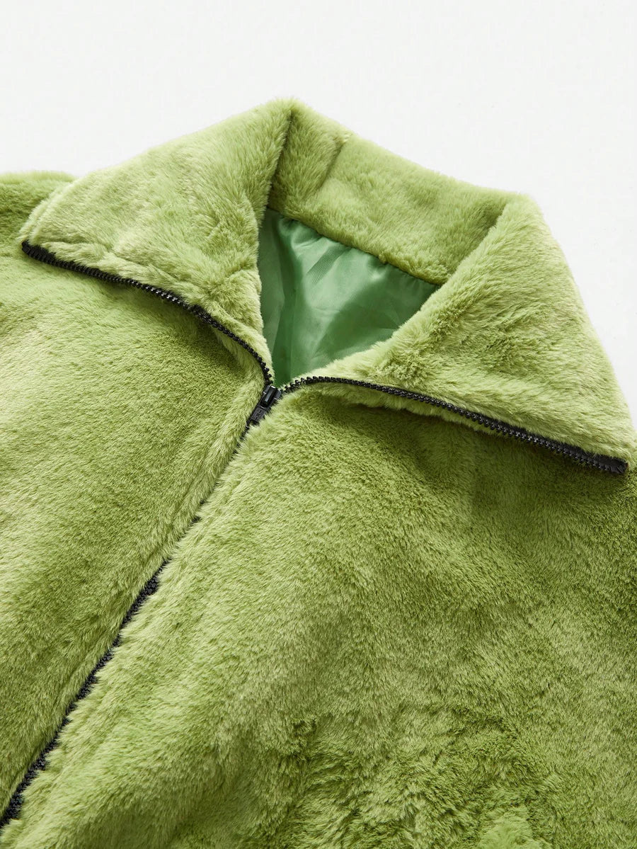 Green Italian Letter Embroidered Faux Fur Jacket