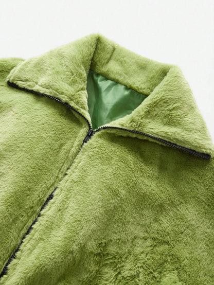 Green Italian Letter Embroidered Faux Fur Jacket