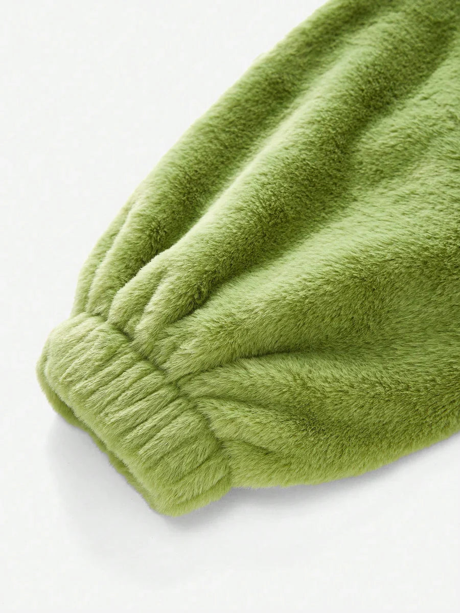 Green Italian Letter Embroidered Faux Fur Jacket