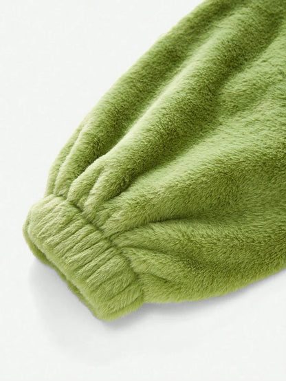 Green Italian Letter Embroidered Faux Fur Jacket