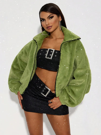 Green Italian Letter Embroidered Faux Fur Jacket