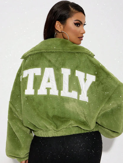 Green Italian Letter Embroidered Faux Fur Jacket