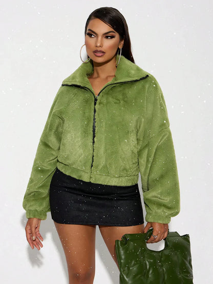 Green Italian Letter Embroidered Faux Fur Jacket