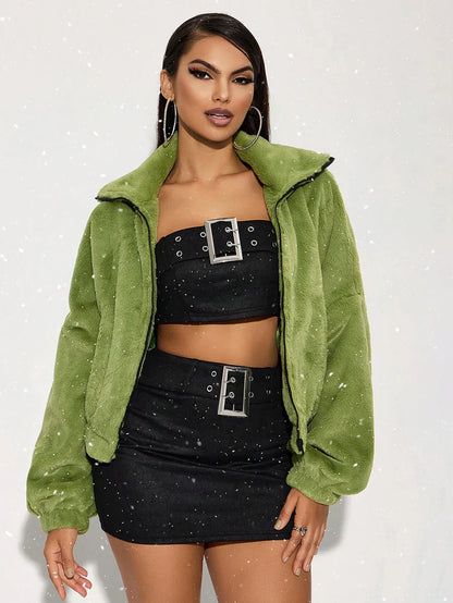 Green Italian Letter Embroidered Faux Fur Jacket