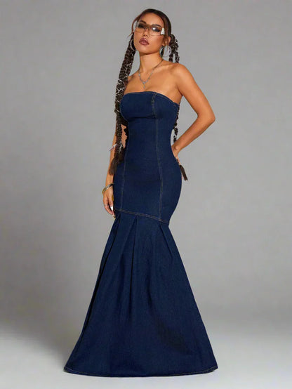 Denim Maxi Strapless Flare Hem Dress