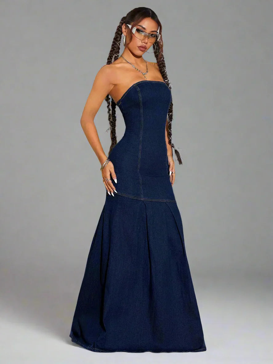 Denim Maxi Strapless Flare Hem Dress