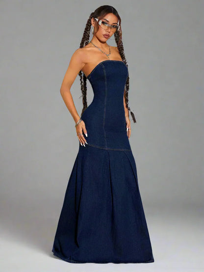 Denim Maxi Strapless Flare Hem Dress