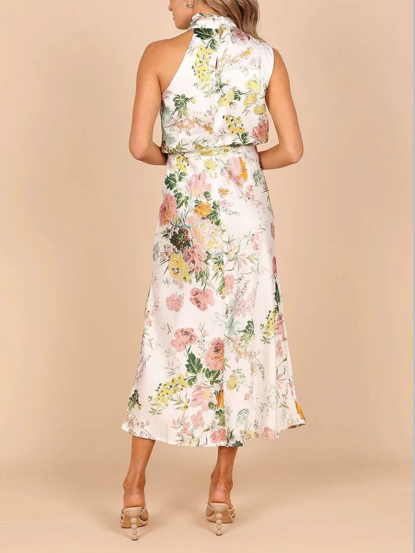 Halter Neck Floral Elastic Waist Maxi Dress