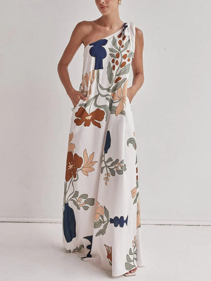 Printed One-Shoulder Maxi Dress