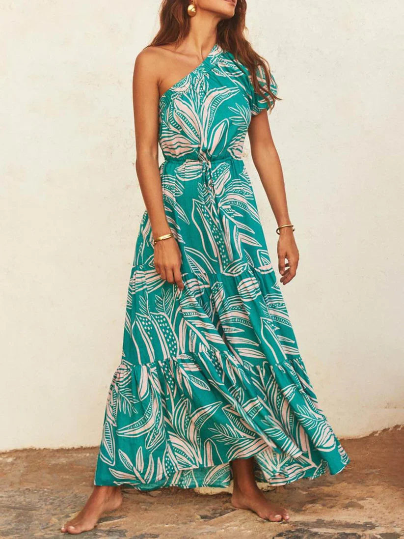 Off-Shoulder Palm Leaf Print Holiday Style Floral Dress