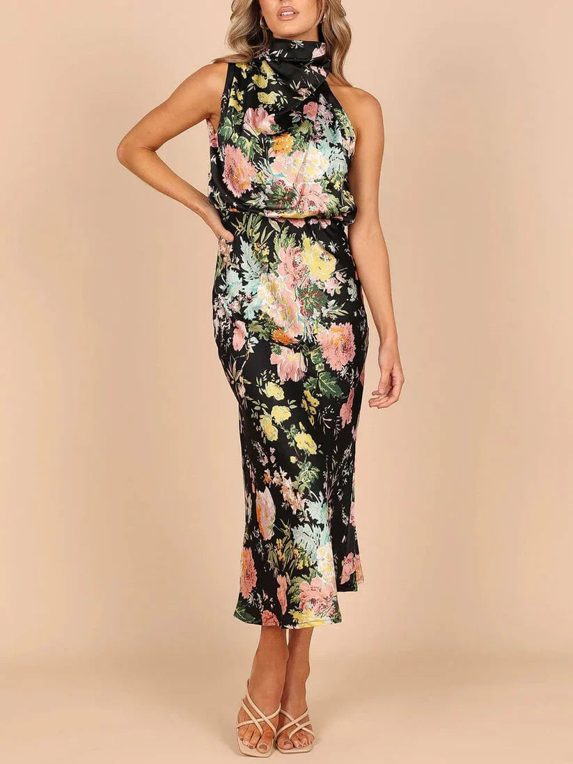 Halter Neck Floral Elastic Waist Maxi Dress