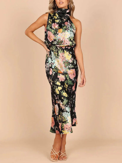 Halter Neck Floral Elastic Waist Maxi Dress