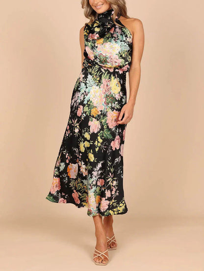 Halter Neck Floral Elastic Waist Maxi Dress