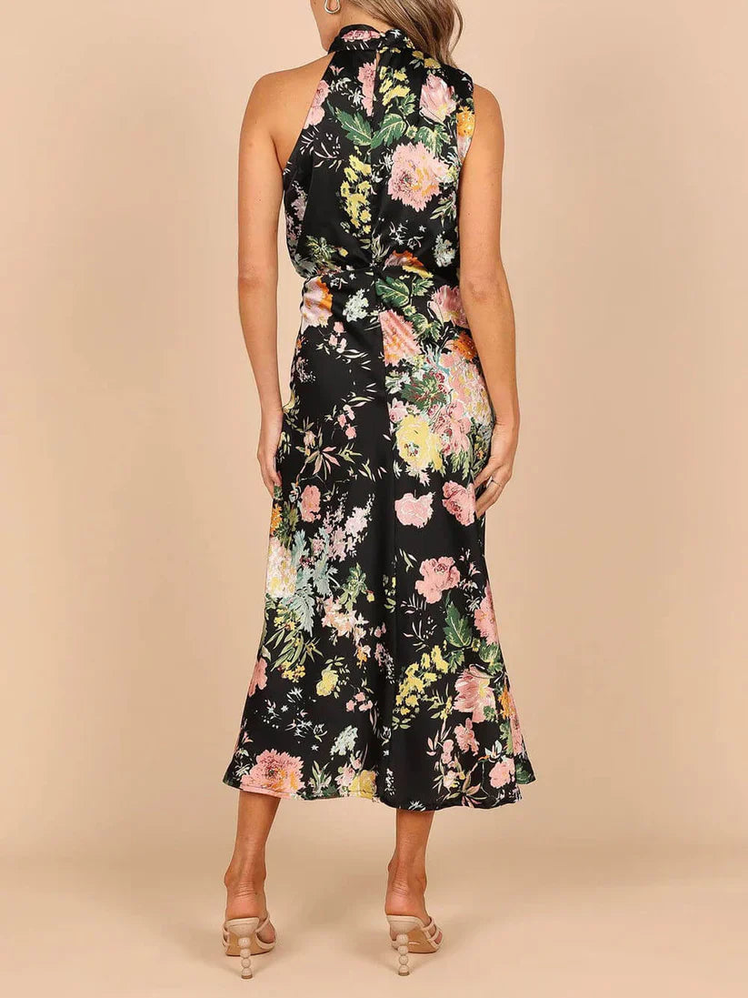 Halter Neck Floral Elastic Waist Maxi Dress