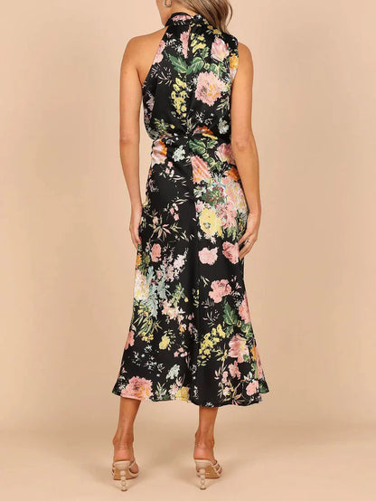 Halter Neck Floral Elastic Waist Maxi Dress