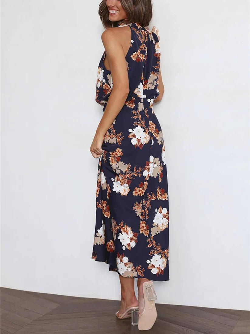 Halter Neck Floral Elastic Waist Maxi Dress