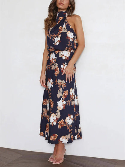 Halter Neck Floral Elastic Waist Maxi Dress