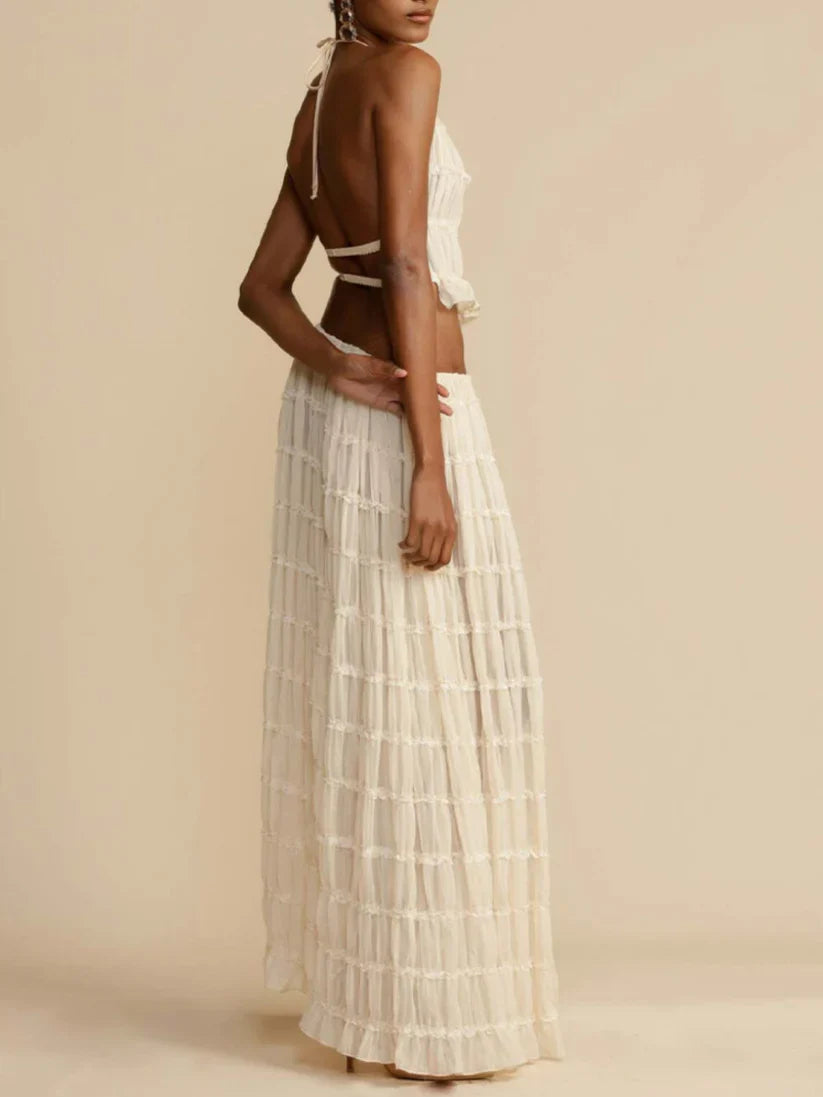 Pleated Drawstring Charm Waist Tiered Maxi Skirt