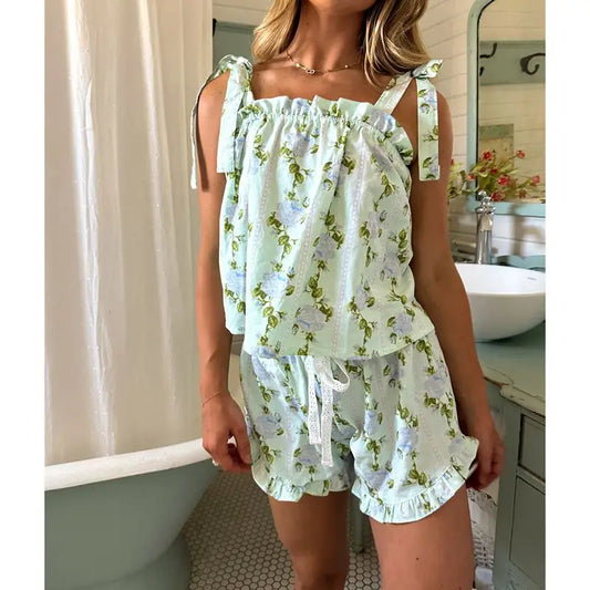 Comfea® Set 2 Pieces Floral Print Tie-Up Straps Sleeveless Cami Top and Short