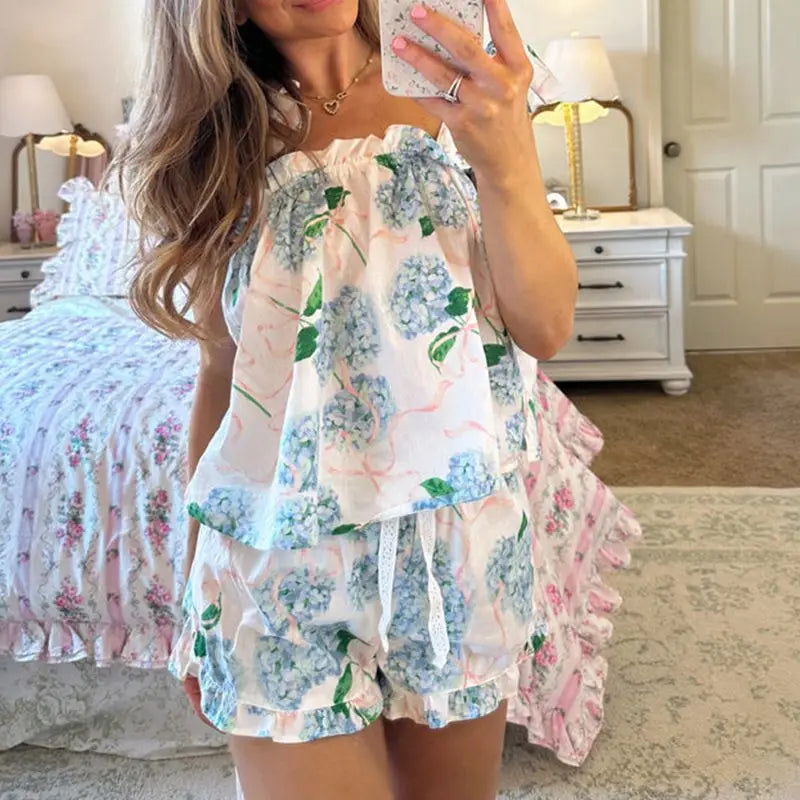 Comfea® Set 2 Pieces Floral Print Tie-Up Straps Sleeveless Cami Top and Short