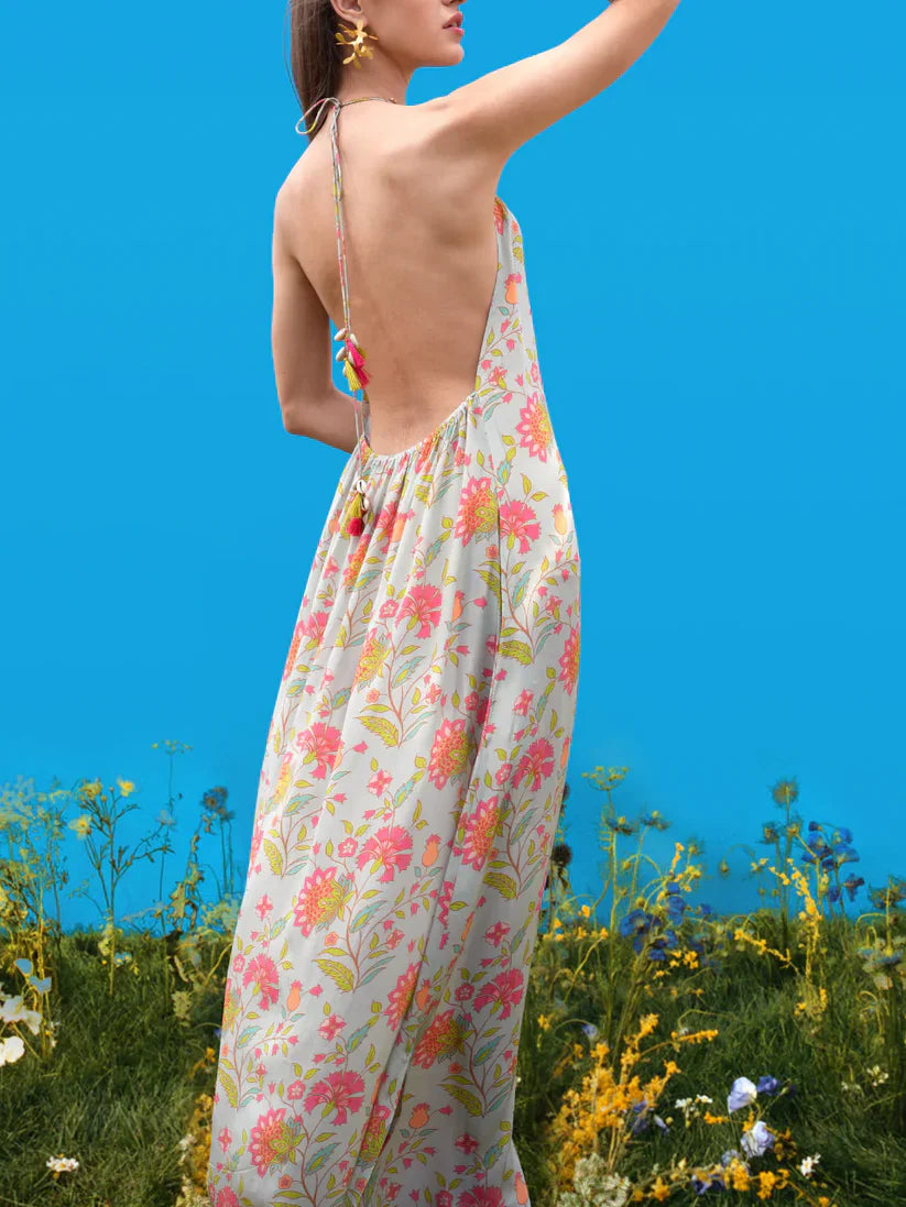 Halter-Back Hand-Drawn Prints Maxi Dress