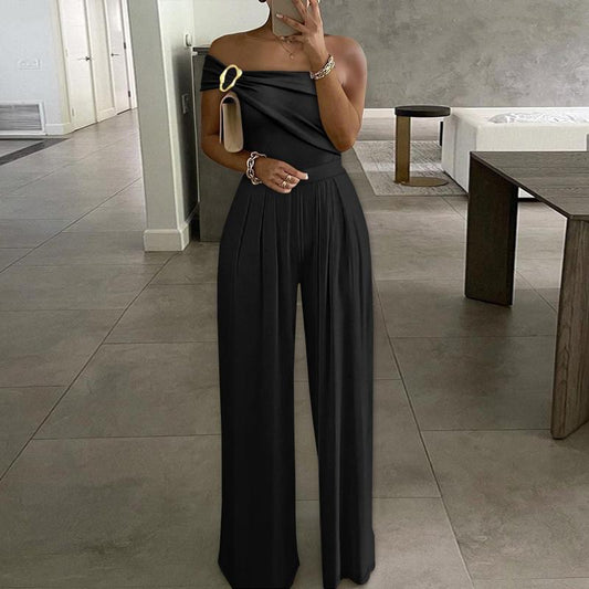 Comfea® Cold Shoulder Ruched Buckle Wide Leg Jumpsuit