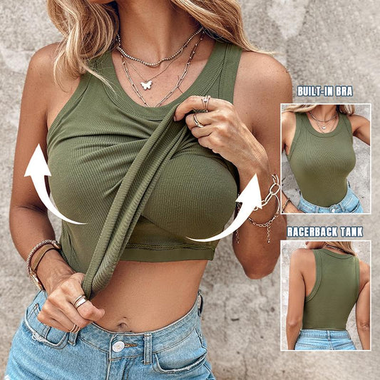Pink Angelus® Round Neck Built-in Bra Ribbed Tank Top