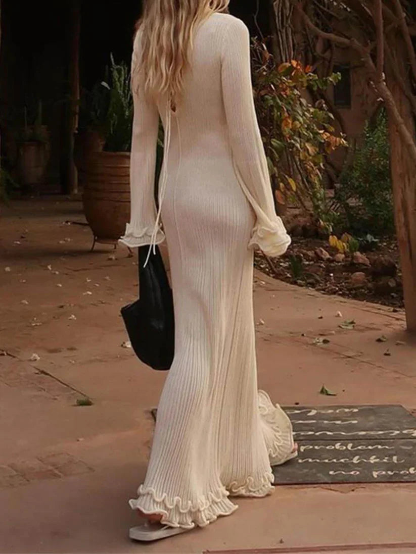 Elegant Trumpet Sleeves Rolled Hem Knitted Round Neck Maxi Dress